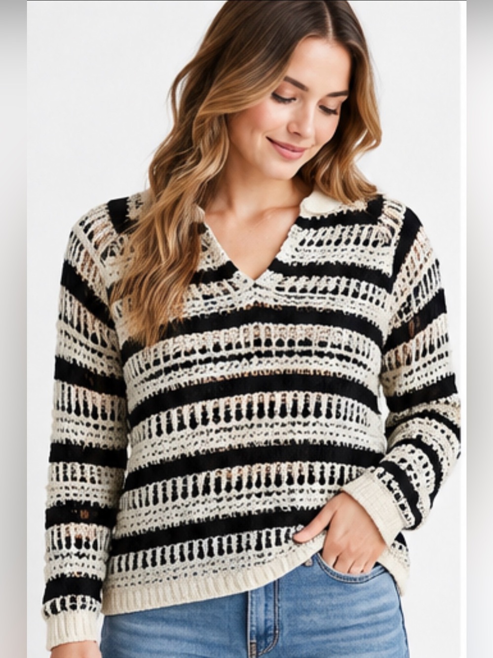 LOFT S Black Ivory Striped Textured Open Knit Sweater Notched V Neck